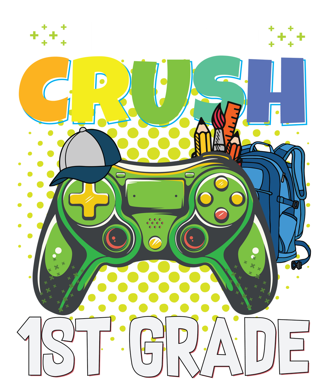 A kids tee for crushing 1st grade, featuring a game controller, backpack, and school supplies. 100% cotton, light fabric, tear-away label, classic fit. No side seams, durable twill tape shoulders, ribbed collar.