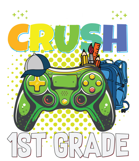 A kids tee for crushing 1st grade, featuring a game controller, backpack, and school supplies. 100% cotton, light fabric, tear-away label, classic fit. No side seams, durable twill tape shoulders, ribbed collar.