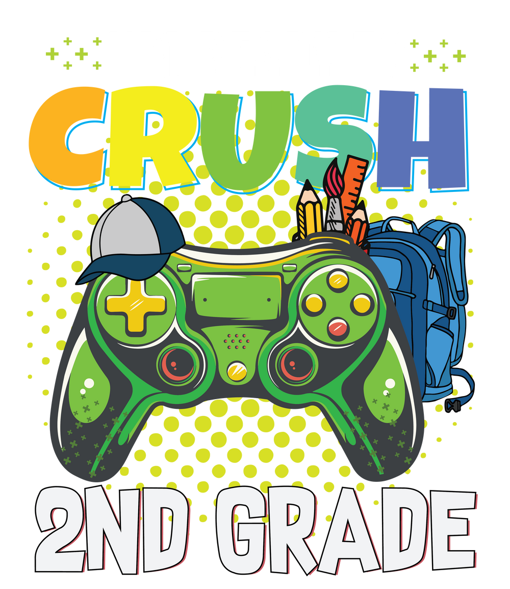 A kids tee for crushing 2nd grade, featuring a game controller, backpack, and writing elements. 100% cotton, light fabric, tear-away label, and durable twill tape shoulders. From 'Worlds Worst Tees'.