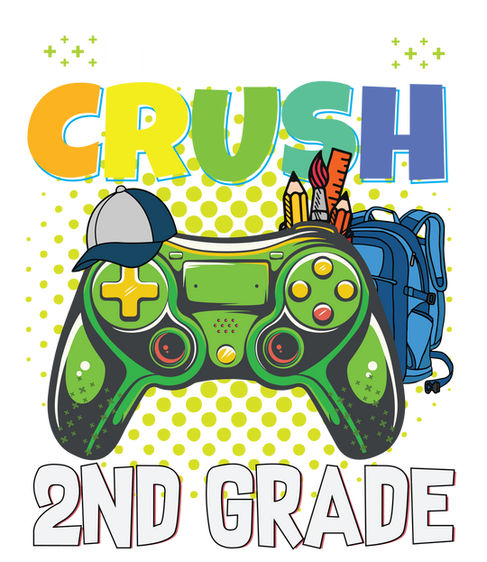 A kids tee for crushing 2nd grade, featuring a game controller, backpack, and writing elements. 100% cotton, light fabric, tear-away label, and durable twill tape shoulders. From 'Worlds Worst Tees'.