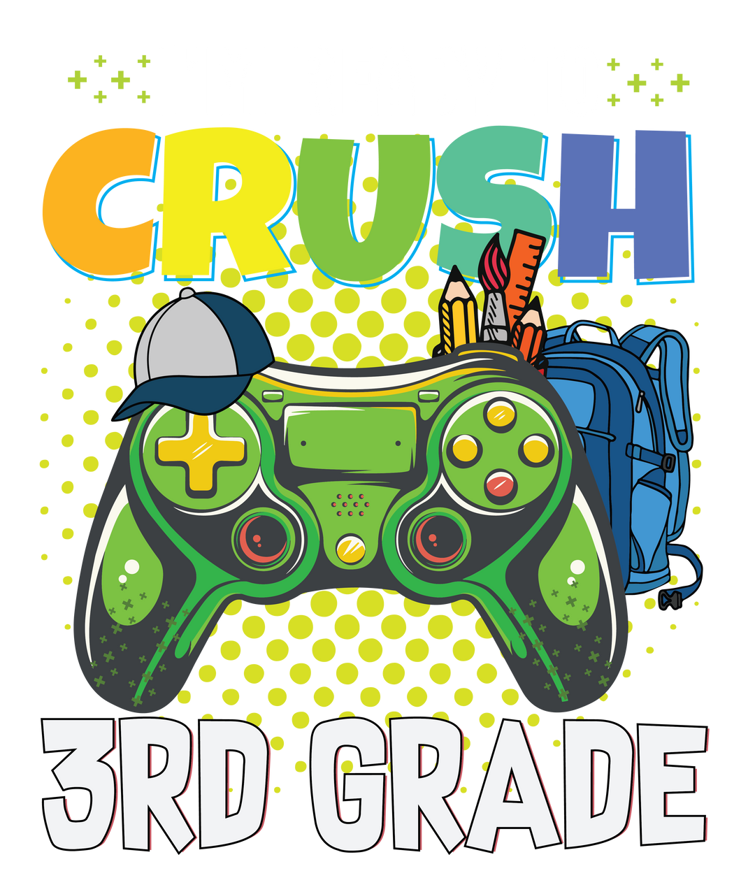 A kids tee featuring a video game controller, hat, and backpack design, ideal for everyday wear. Made of 100% cotton, with twill tape shoulders for durability and a curl-resistant collar. Title: I'm Ready to Crush 3rd Grade Kids Tee.