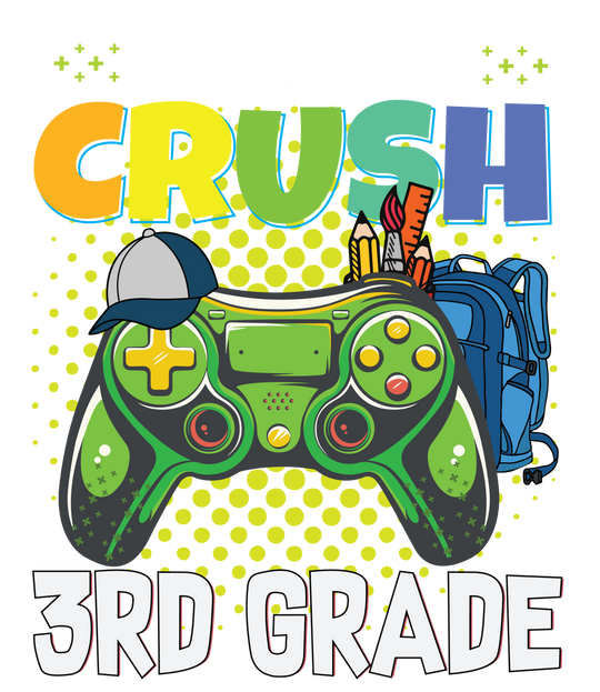 A kids tee featuring a video game controller, hat, and backpack design, ideal for everyday wear. Made of 100% cotton, with twill tape shoulders for durability and a curl-resistant collar. Title: I'm Ready to Crush 3rd Grade Kids Tee.