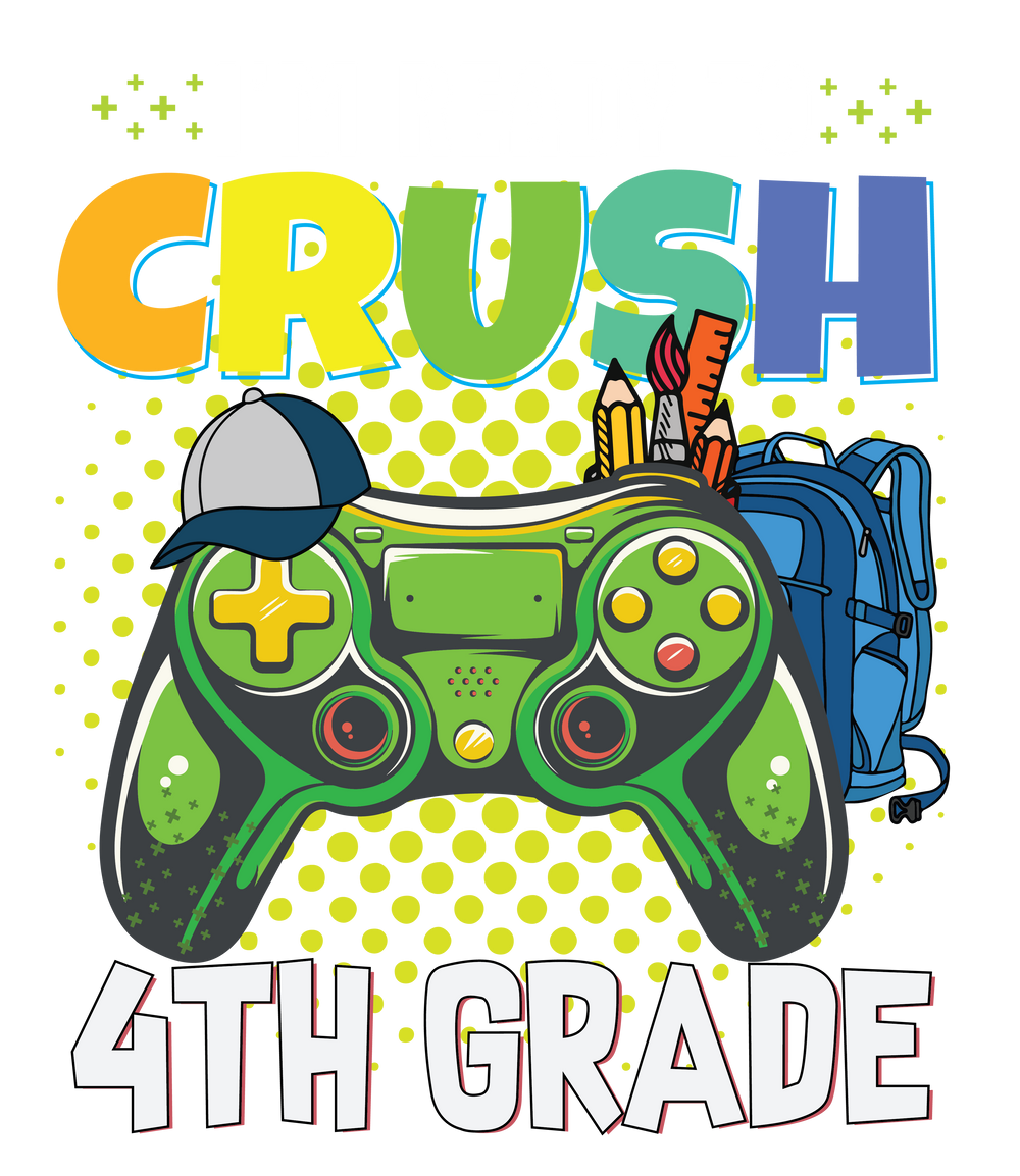 Kids tee featuring a video game controller, backpack, and school supplies. 100% cotton, light fabric, tear-away label, classic fit. Ideal for everyday wear, perfect for 4th graders.
