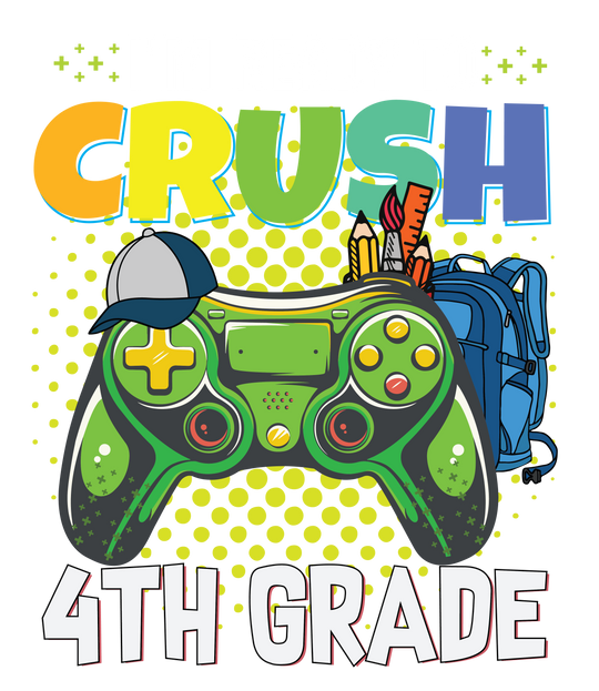 Kids tee featuring a video game controller, backpack, and school supplies. 100% cotton, light fabric, tear-away label, classic fit. Ideal for everyday wear, perfect for 4th graders.