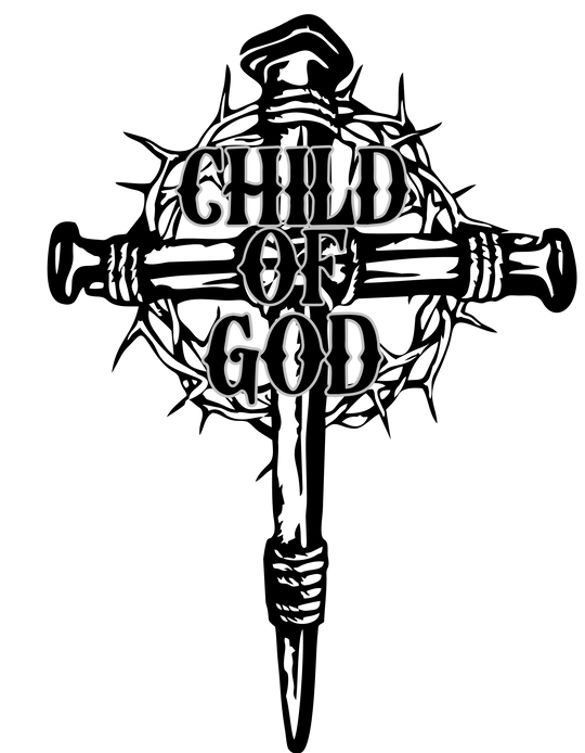 A Child of God Tee featuring black and white text and logos on a soft, durable toddler t-shirt. Made of 100% combed ringspun cotton, light fabric, tear-away label, and a classic fit.