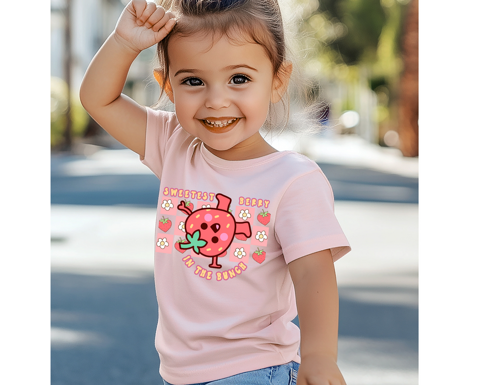 Sweetest Berry in the Bunch Toddler Tee, soft for sensitive skin, features durable print. Made of 100% combed ringspun cotton, perfect for toddlers' first adventures.