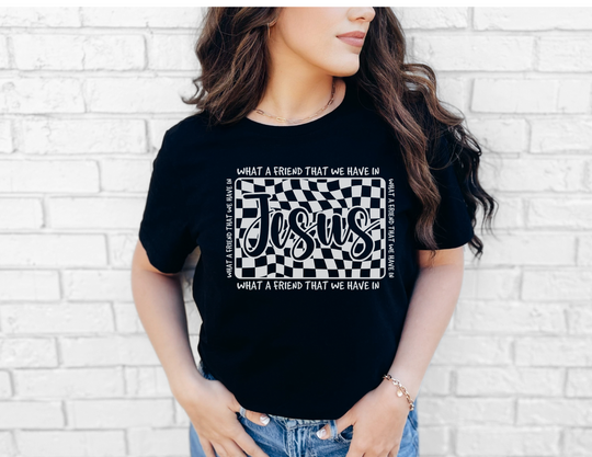 What A Friend We Have in Jesus Tee – soft cotton, unisex, short sleeve with ribbed knit collars and side seams for durability, offering a classic fit.