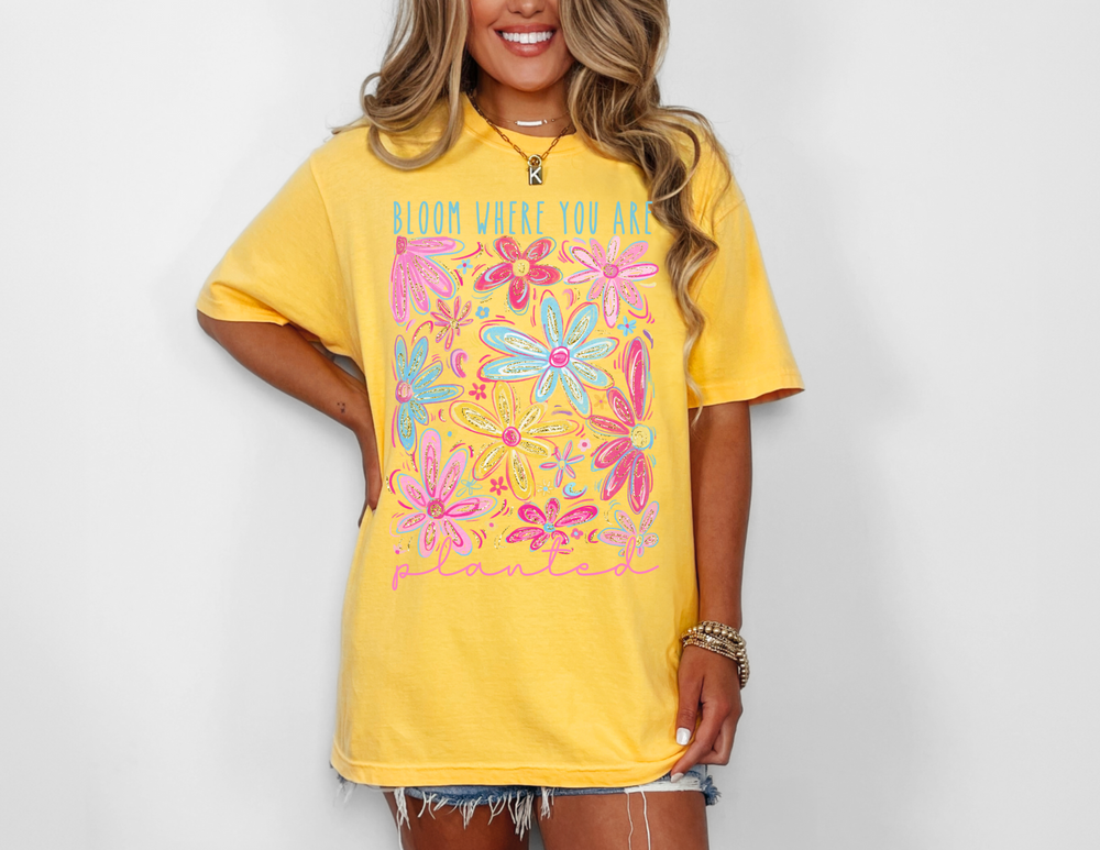 Bloom Where You Are Planted Tee: Unisex jersey short sleeve, ribbed knit collar, tapered shoulders, dual side seams, soft cotton, perfect for casual wear.