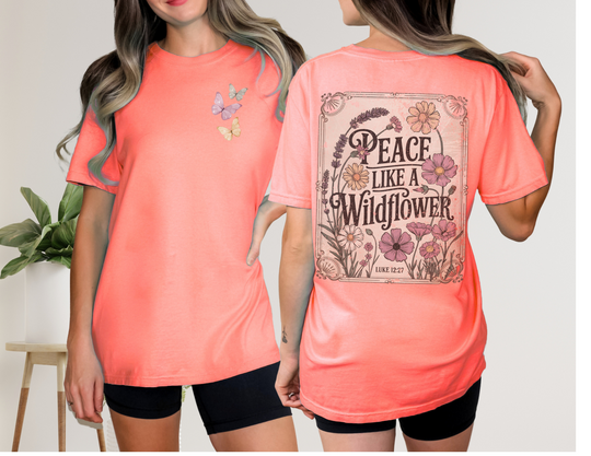 Peace Like a Wildflower Tee, a customizable Comfort Colors t-shirt, features durable double-needle stitching, a relaxed fit, and a classic crew neckline.