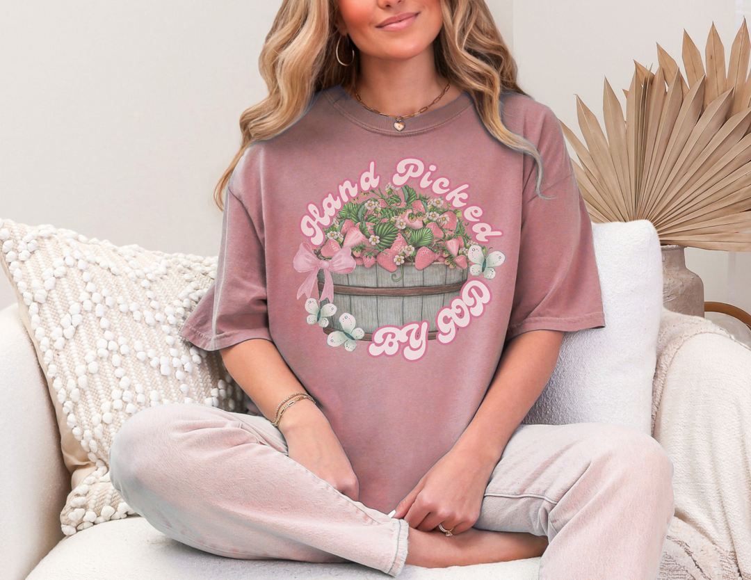 Hand Picked by GOD Tee, a classic unisex cotton shirt with ribbed collar and tapered shoulders, offering a comfortable, durable fit, ideal for casual wear.