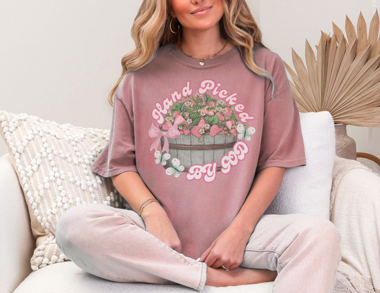 Hand Picked by GOD Tee, a classic unisex cotton shirt with ribbed collar and tapered shoulders, offering a comfortable, durable fit, ideal for casual wear.