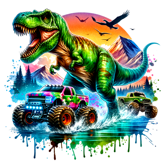Dino Truck Toddler Tee featuring a roaring T-Rex, monster trucks, and dynamic splatter-paint accents, perfect for toddlers with soft, durable cotton fabric.