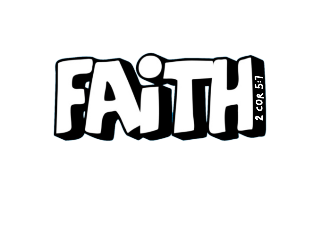 A black background with white text displaying Walk By Faith Not By Sight Tee - 100% ring-spun cotton, medium weight, relaxed fit, durable double-needle stitching, seamless design for tubular shape.