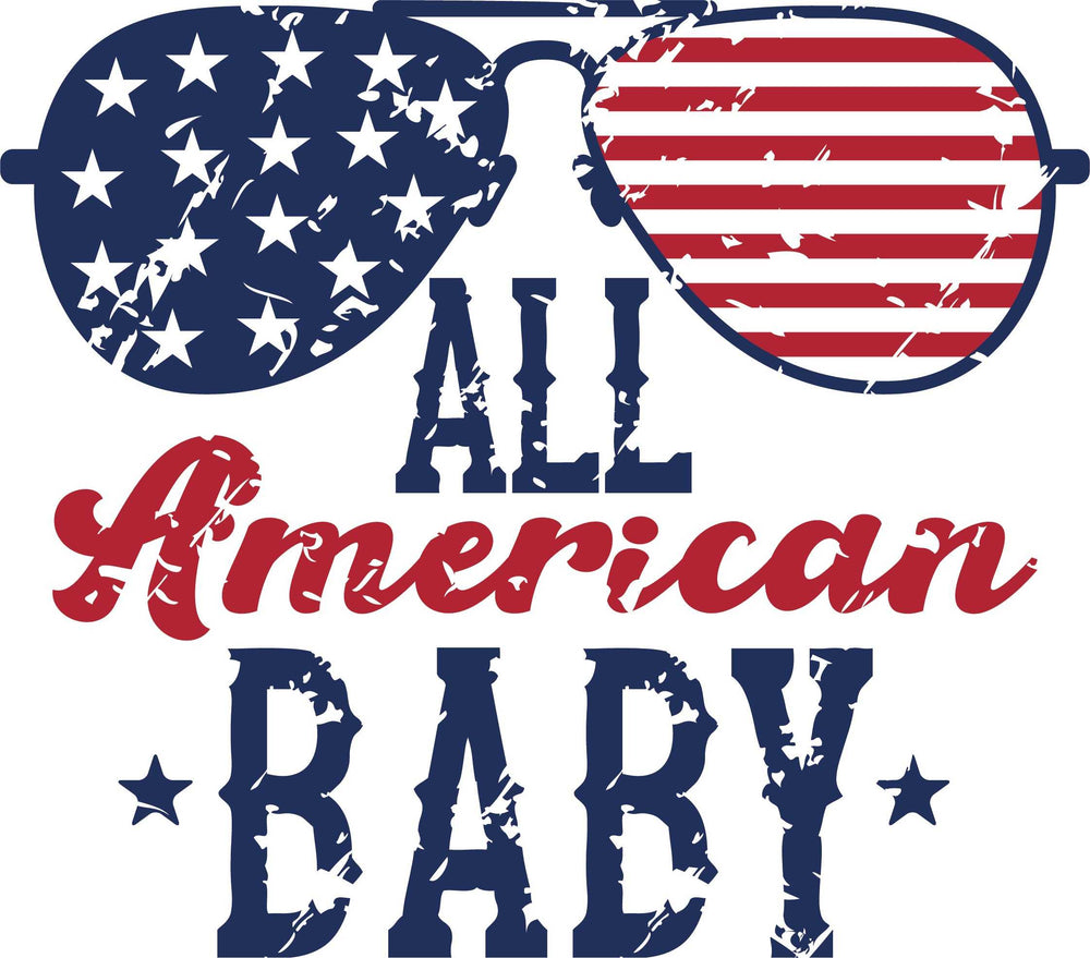 A patriotic baby onesie featuring red, white, and blue stars and stripes. Made of 100% cotton for durability and comfort. Plastic snaps for easy changing access. Ideal for infants up to 24 months.