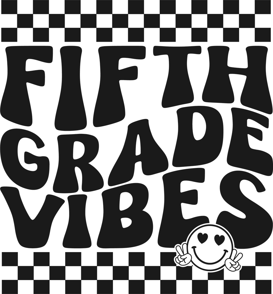 A black and white 5th Grade Vibes Tee for kids, featuring a smiley face graphic. 100% cotton, light fabric, classic fit, tear-away label. Shoulder twill tape, ribbed collar, seamless sides. Dimensions: XS: 16.14W x 20.47L, S: 16.93W x 22.05L, M: 18.11W x 23.62L, L: 18.90W x 25.20L, XL: 20.08W x 26.38L, Sleeve length: XS: 6.34, S: 7.01, M: 7.48, L: 7.99, XL: 8.50.