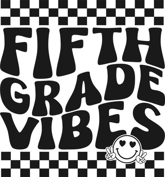 A black and white 5th Grade Vibes Tee for kids, featuring a smiley face graphic. 100% cotton, light fabric, classic fit, tear-away label. Shoulder twill tape, ribbed collar, seamless sides. Dimensions: XS: 16.14W x 20.47L, S: 16.93W x 22.05L, M: 18.11W x 23.62L, L: 18.90W x 25.20L, XL: 20.08W x 26.38L, Sleeve length: XS: 6.34, S: 7.01, M: 7.48, L: 7.99, XL: 8.50.