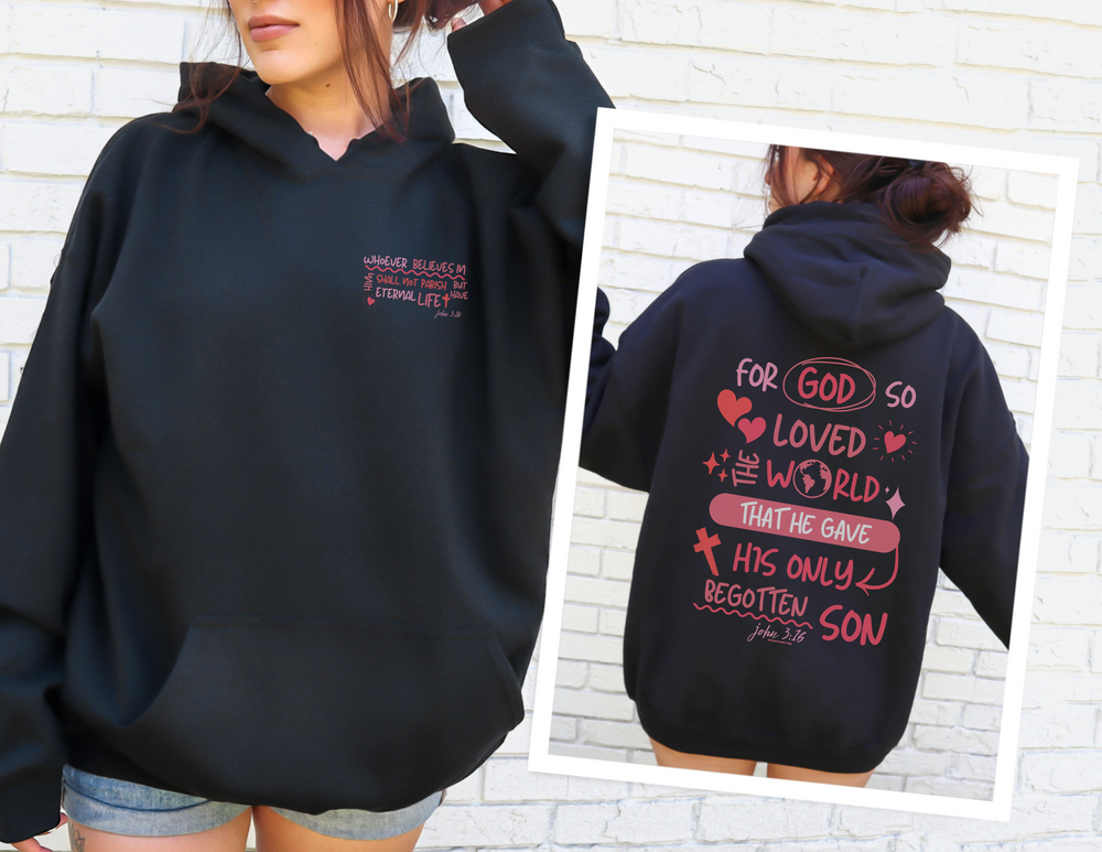 A heavy blend hooded sweatshirt featuring John 3:16 design. Unisex, cotton-polyester fabric for warmth. Kangaroo pocket, matching drawstring, tear-away label. Sizes S-5XL. From 'Worlds Worst Tees'.