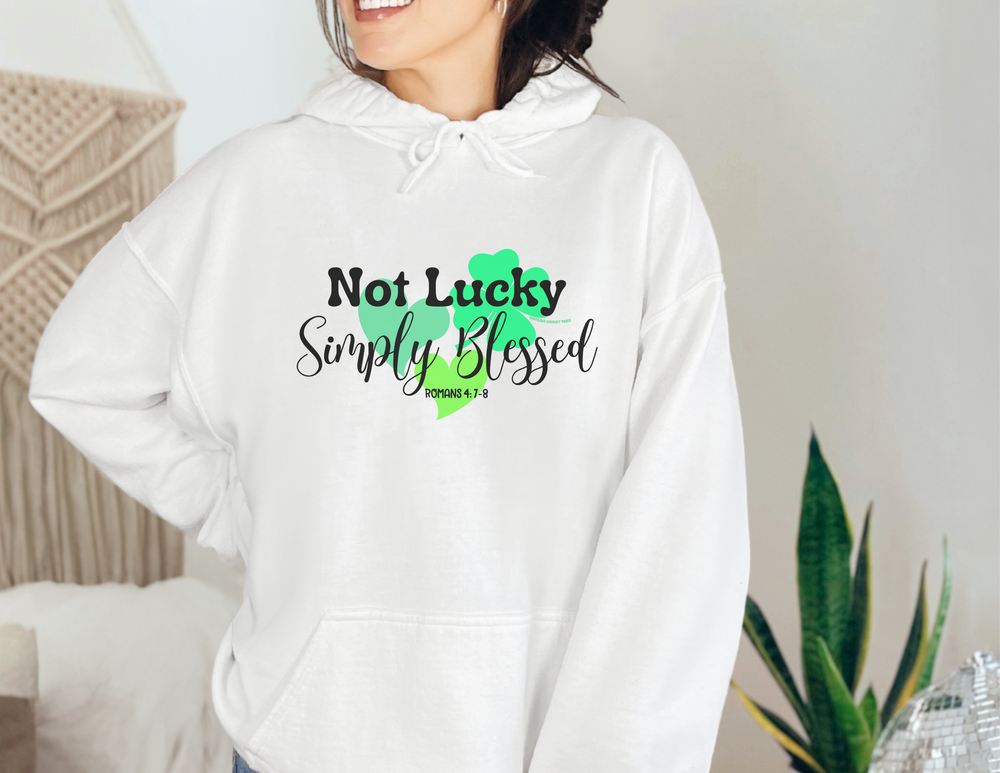 Unisex heavy blend hooded sweatshirt featuring a spacious kangaroo pocket and color-matched drawstring. Made with 50% cotton, 50% polyester for warmth and comfort. Title: Not Lucky Simply Blessed Crew.