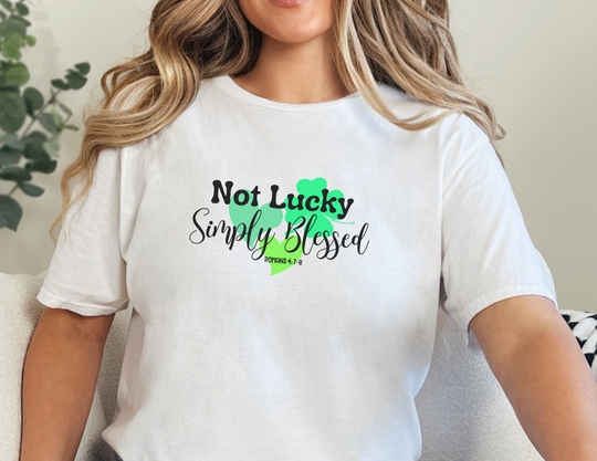 Unisex heavy cotton tee, Not Lucky Simply Blessed design. Basic wardrobe staple with no side seams, durable shoulders, and ribbed knit collar. Medium weight fabric, classic fit, true to size.