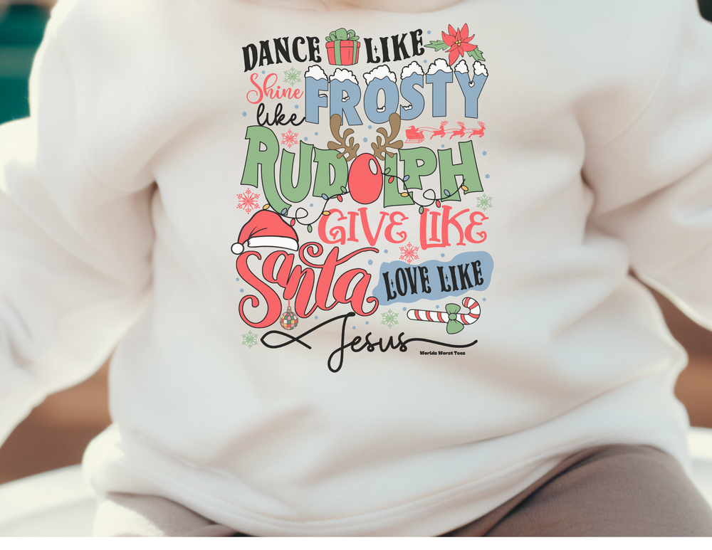 A youth crew sweatshirt featuring Frosty Rudolph Santa Jesus design. 50% cotton, 50% polyester blend, medium-heavy fabric for school, sports, and lounging. True-to-size fit.