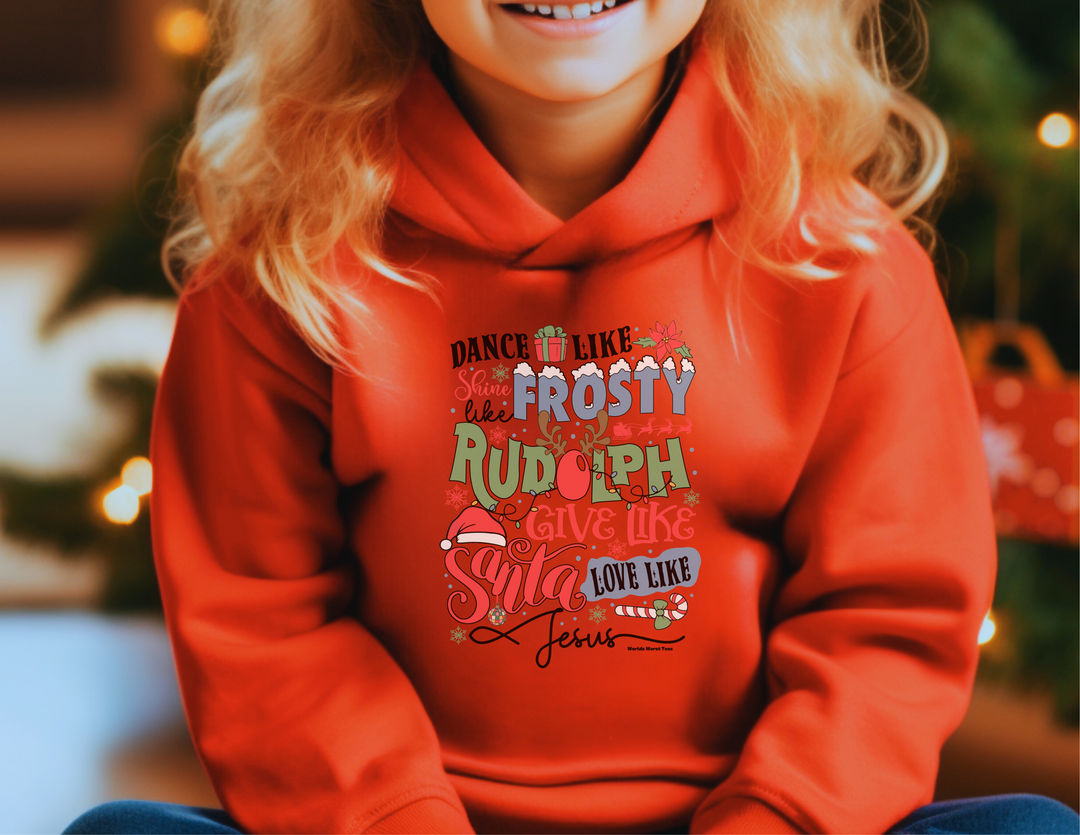 A toddler hoodie designed for comfort with cover-stitched details and side-seam pockets. Features a jersey-lined hood and durable construction. Title: Frosty Rudolph Santa Jesus Toddler Hoodie.