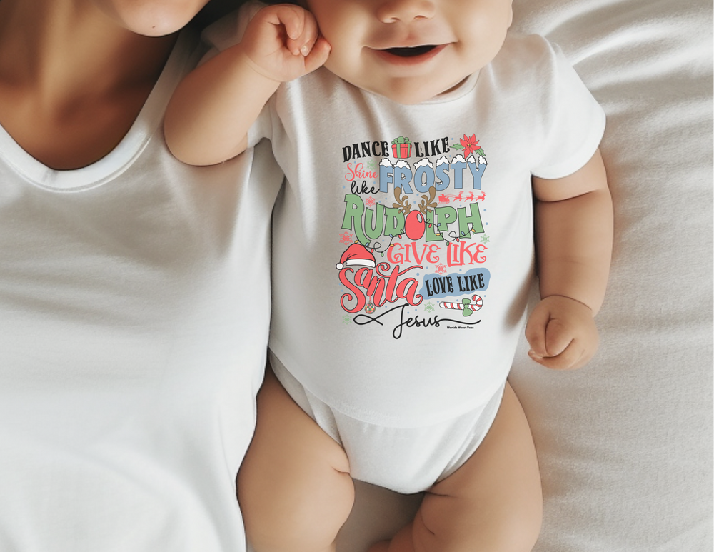 A baby in a white bodysuit with a Christmas deer print, featuring long sleeves and ribbed knit bindings for durability and comfort. From Worlds Worst Tees.
