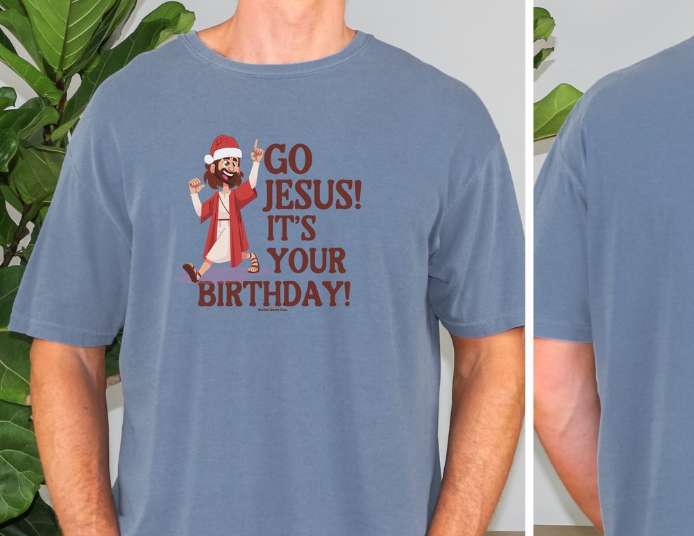 A relaxed-fit Go Jesus it's your birthday Tee sweatshirt in garment-dyed fleece, featuring a rolled-forward shoulder and back neck patch. Made of 80% ring-spun cotton and 20% polyester. Sizes: S-4XL.