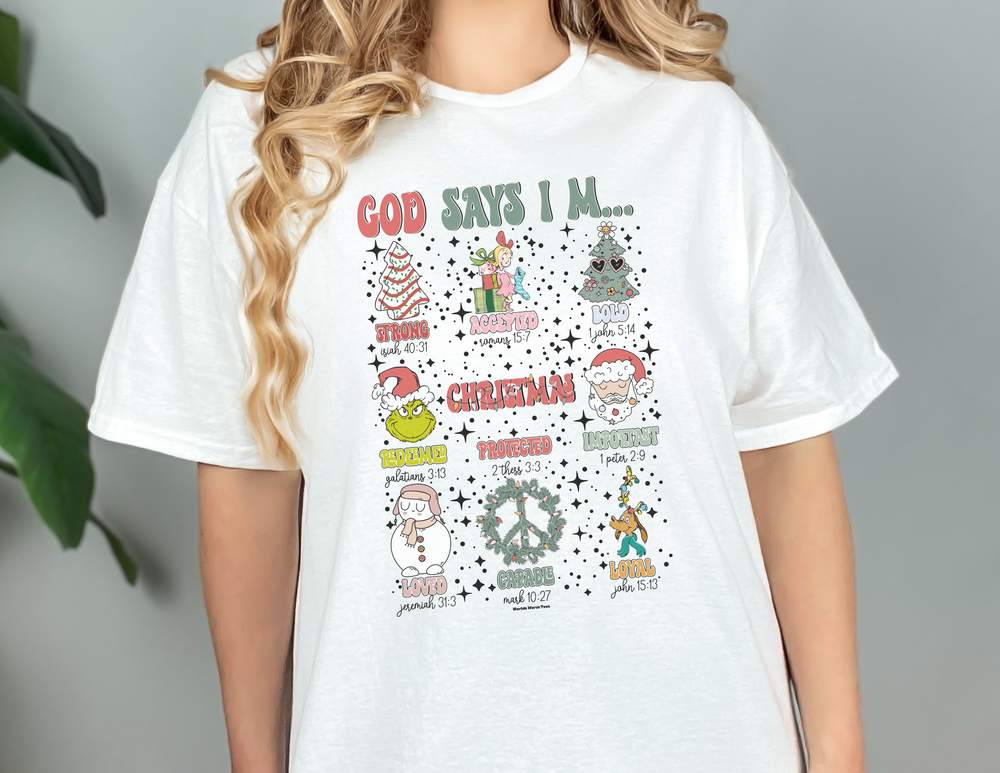 A relaxed-fit unisex sweatshirt featuring the God says I'm Tee design. Made of 80% ring-spun cotton and 20% polyester, with rolled-forward shoulders and a back neck patch.