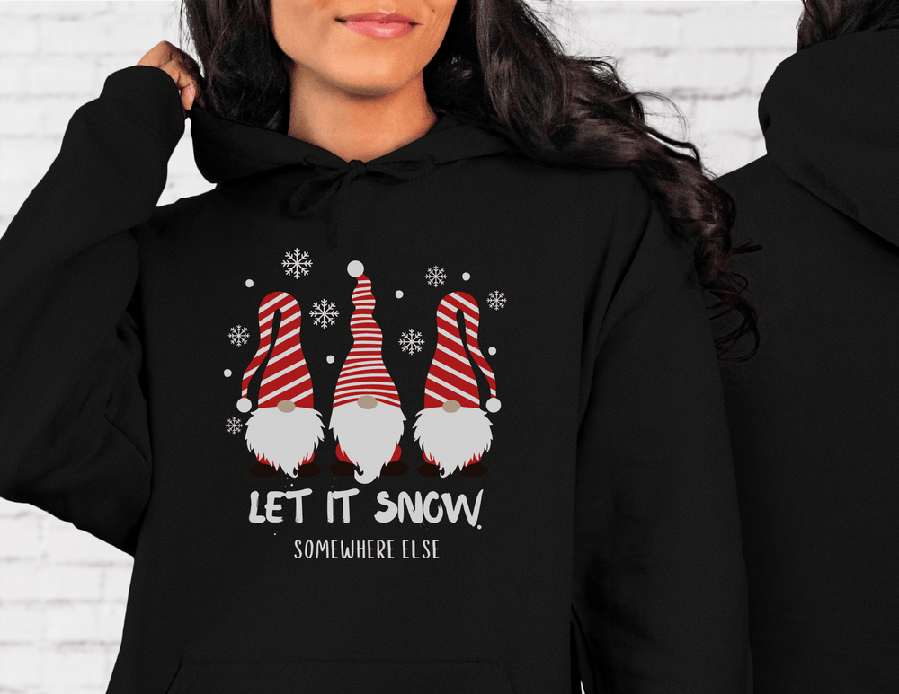 A cozy Let it Snow Somewhere Else Hoodie, a blend of cotton and polyester, with a kangaroo pocket and drawstring hood. Unisex, heavy fabric, tear-away label, classic fit.