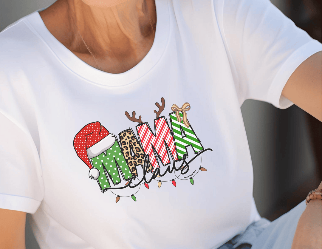 A classic Mama Claus Tee, unisex jersey shirt with ribbed knit collar and quality print. Soft 100% Airlume combed cotton, retail fit, true to size. Sizes XS-5XL.