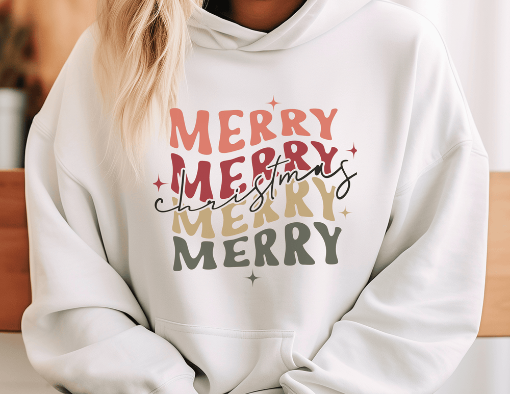 A person in a white Merry Merry Merry Christmas Hoodie, featuring a kangaroo pocket and drawstring hood. Unisex, 50% cotton, 50% polyester, 8.0 oz/yd² fabric, classic fit. No side seams.