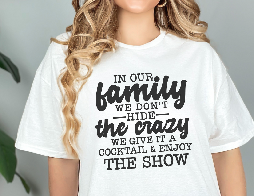 A Crazy Family Tee for men, featuring a premium fit and ribbed knit collar for comfort and style. Made of 100% combed, ring-spun cotton, perfect for workouts or daily wear.