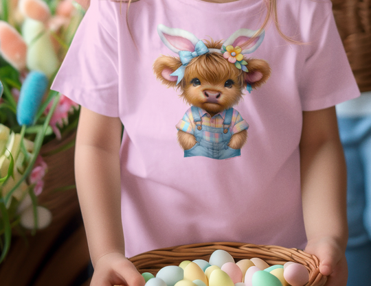 Easter Cow Toddler Tee featuring a girl holding a basket of eggs, a cartoon cow in bunny ears, and a bear in overalls. Soft, 100% combed ringspun cotton, light fabric, tear-away label, perfect for sensitive skin.