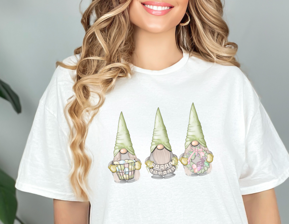 A premium fitted men’s short sleeve tee featuring Happy Easter Gnomes design. Comfy, light, with ribbed knit collar for elasticity. Roomy fit, 100% cotton. Ideal for workouts or daily wear.