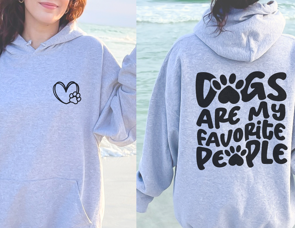 Unisex Dogs are my Favorite People Hoodie, featuring a grey sweatshirt with a dog paw print. Thick cotton-polyester blend, kangaroo pocket, and drawstring hood. Ideal for comfort and warmth. Classic fit, tear-away label.