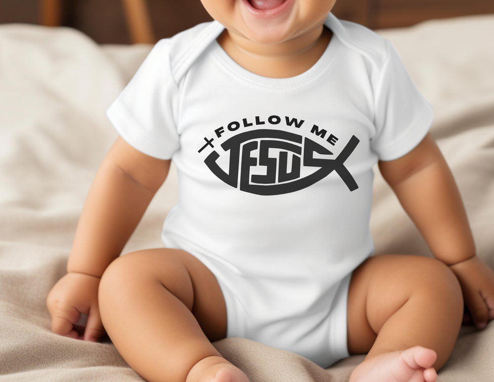 A Follow Me Jesus Long Sleeve Onesie for infants, featuring a classic fit and ribbed knitting for durability. Made of 100% combed ring-spun cotton, with plastic snaps for easy changing.