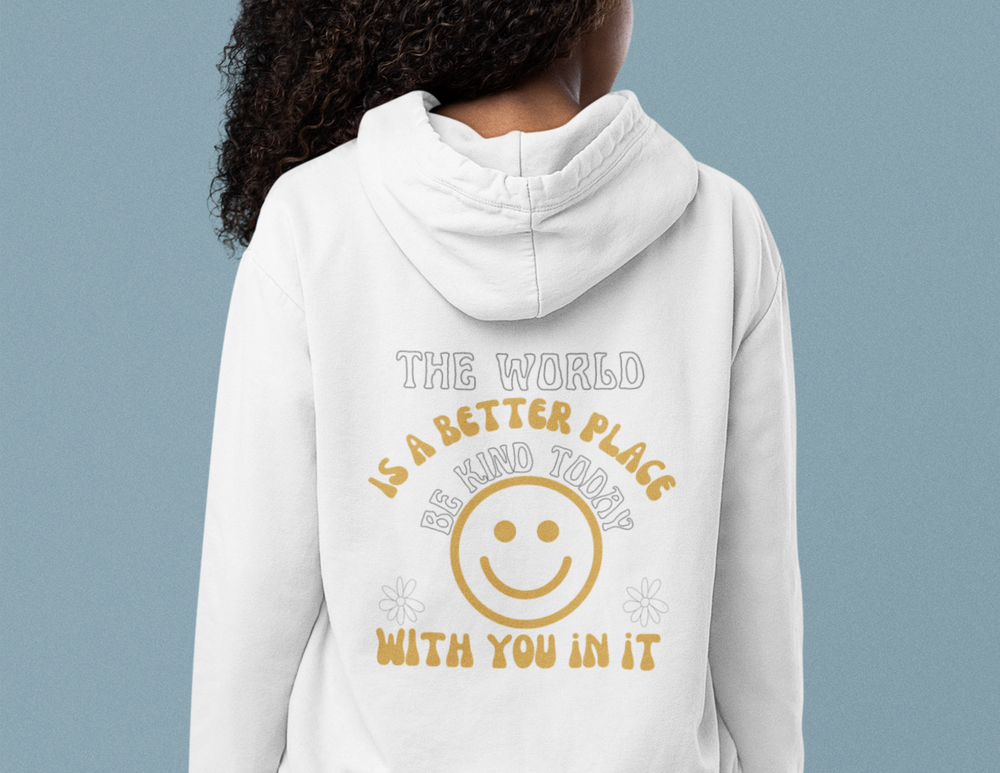 A white hoodie featuring a yellow and white smiley face, with a kangaroo pocket and drawstring hood. Unisex heavy blend for comfort and warmth. Ideal for printing. From 'Worlds Worst Tees'.