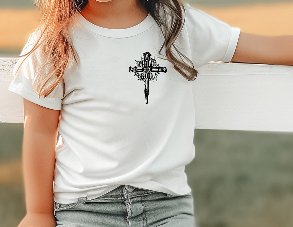 Child of God Kids Tee, white shirt on a girl. 100% cotton, light fabric, classic fit. Shoulder twill tape, ribbed collar, seamless sides. Ideal for everyday wear.