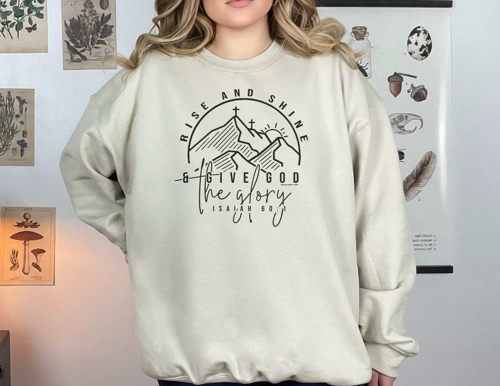A heavy blend crewneck sweatshirt named Rise and Shine Crew, ideal for all occasions. Features ribbed knit collar, no itchy side seams, 50% cotton, 50% polyester, loose fit, and medium-heavy fabric.