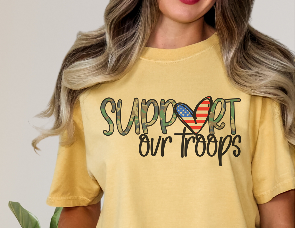 A premium fitted men’s Support Our Troops Tee, light and comfy for workouts or daily wear. Ribbed knit collar, roomy fit, and durable side seams. 100% cotton, with a unique graphic design.
