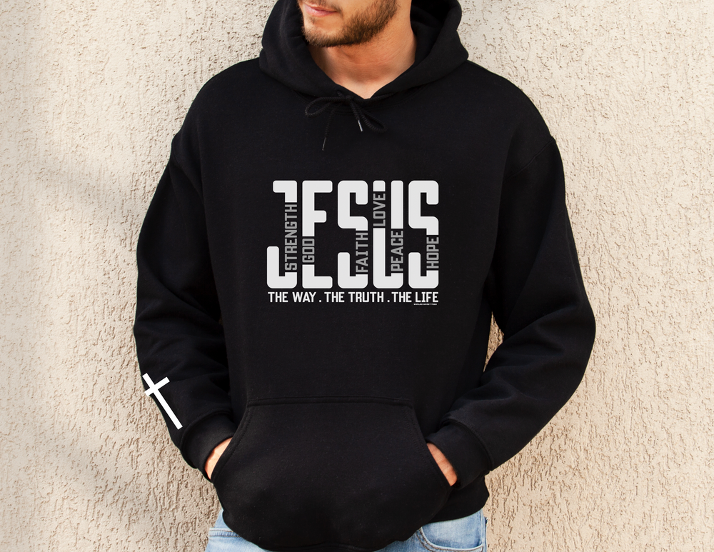 A heavy blend Jesus Hoodie in black, featuring a kangaroo pocket and matching drawstring. Unisex, 50% cotton, 50% polyester, cozy for cold days. Sizes from S to 5XL. Classic fit, tear-away label.