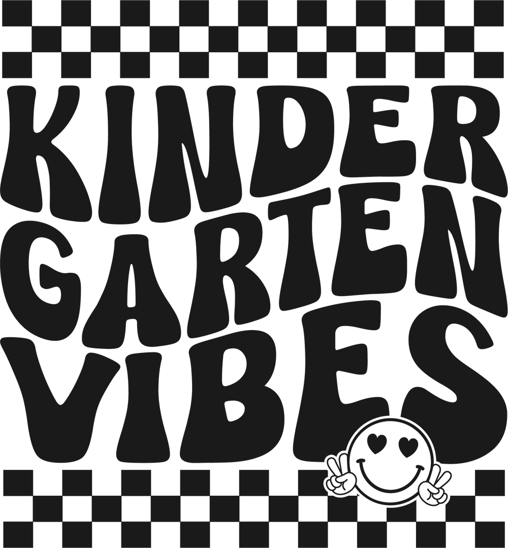 Kindergarten Vibes Toddler Tee featuring black and white graphics of smiley face, letters, and logo on a soft, 100% combed ringspun cotton fabric. Classic fit, tear-away label, perfect for sensitive skin.