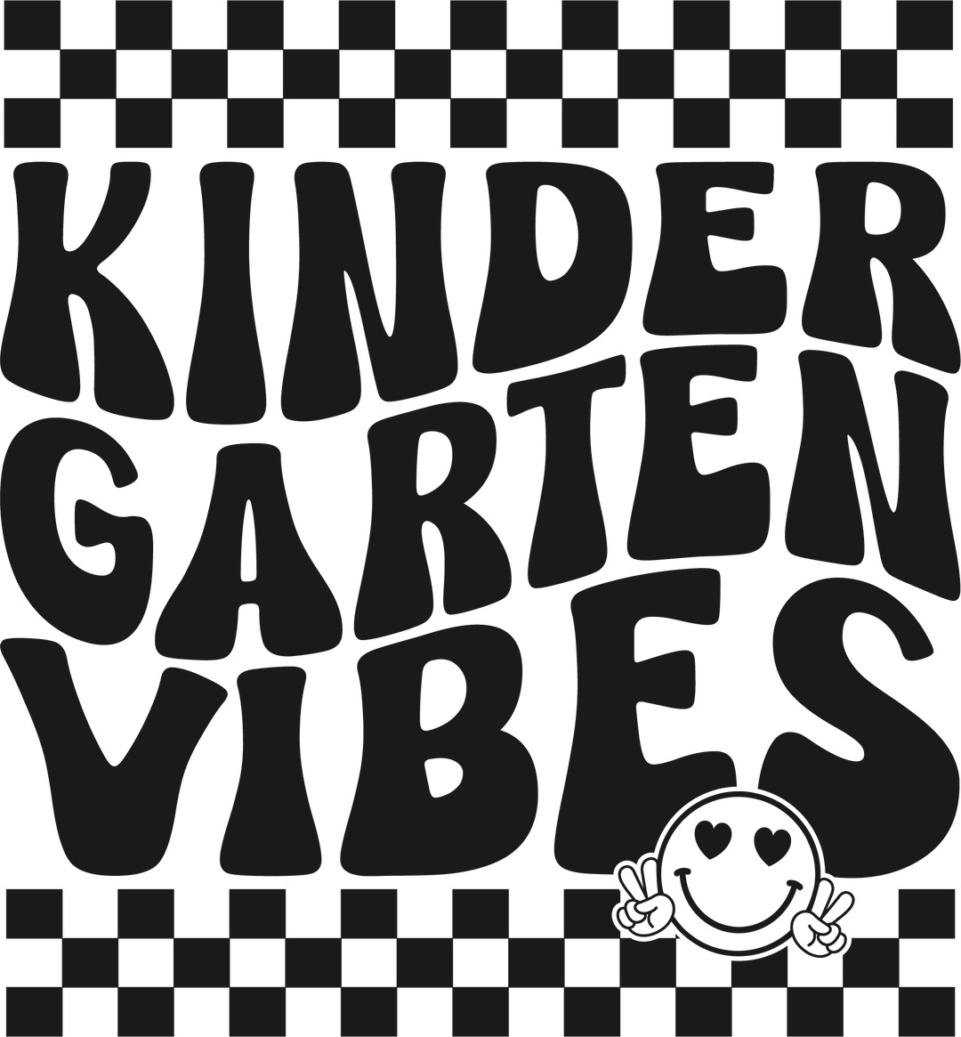 Kindergarten Vibes Toddler Tee featuring black and white graphics of smiley face, letters, and logo on a soft, 100% combed ringspun cotton fabric. Classic fit, tear-away label, perfect for sensitive skin.