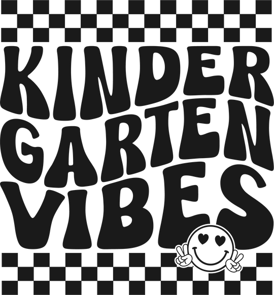 Kindergarten Vibes Toddler Tee featuring black and white graphics of smiley face, letters, and logo on a soft, 100% combed ringspun cotton fabric. Classic fit, tear-away label, perfect for sensitive skin.