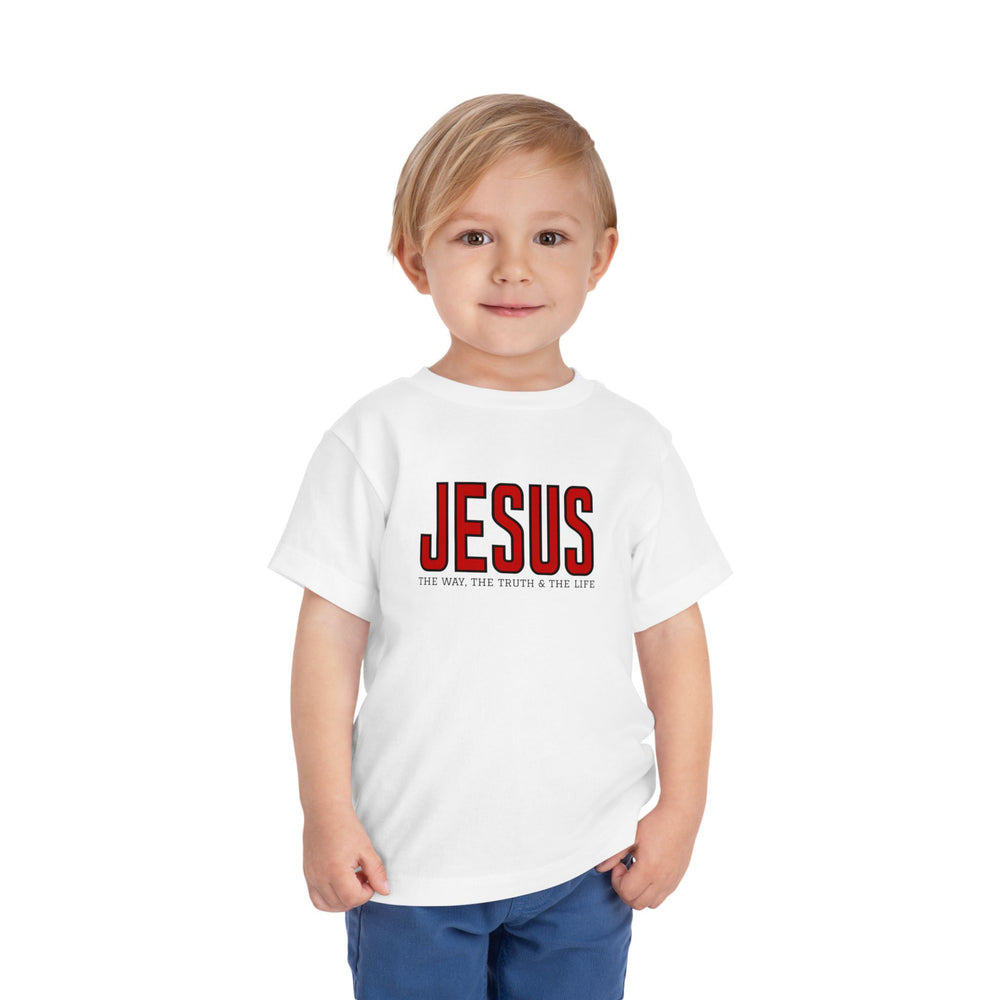 Toddler wearing the Jesus the Way, the Truth, the Life tee, featuring bold red and black text on a white shirt, perfect for everyday comfort.