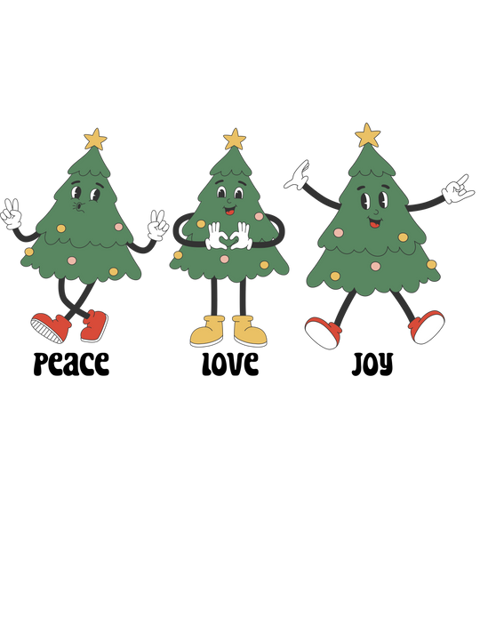 A group of cartoon Christmas trees with a yellow star on a black background, embodying festive joy. Peace Love Joy Long Sleeve Tee: A classic fit, 100% cotton shirt with no side seams and taped shoulders for durability.