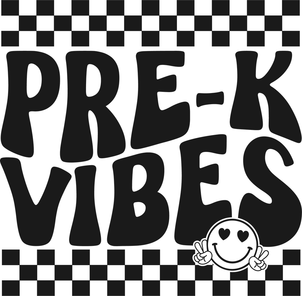 Pre K Vibes Toddler Tee featuring black and white graphics of smiley face, letters, and figures. Soft 100% combed ringspun cotton, light fabric, classic fit, tear-away label. Ideal for sensitive skin.