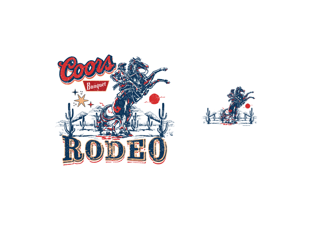 A classic Coors Rodeo Tee featuring a cowboy logo and red/blue design. Unisex jersey tee with ribbed knit collars, 100% cotton, retail fit, tear away label, and true-to-size fit.