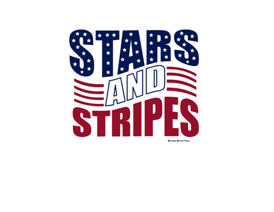 A patriotic Stars and Stripes Tee featuring red, white, and blue text with stars. Unisex jersey shirt with ribbed knit collars, 100% Airlume combed cotton, and tear-away label. Ideal for a comfortable, stylish look.