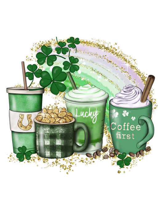 A lucky coffee crew sweatshirt featuring a group of coffee cups, gold coins, and shamrocks. Unisex, heavy blend fabric with ribbed knit collar for comfort. 50% cotton, 50% polyester, loose fit.